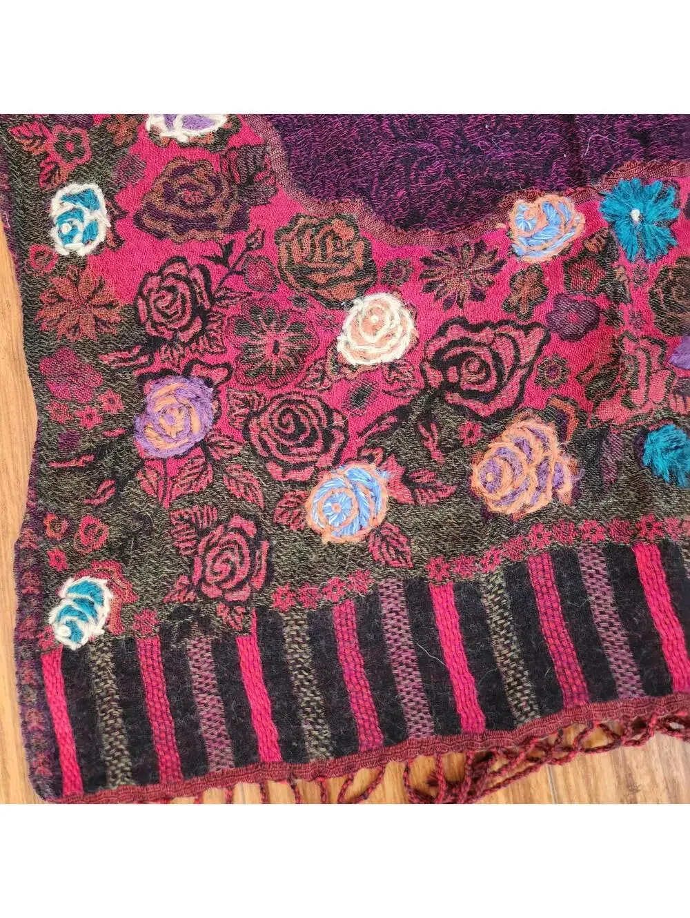 Cozy Floral Embroidered Purple Wool Scarf with Fringe